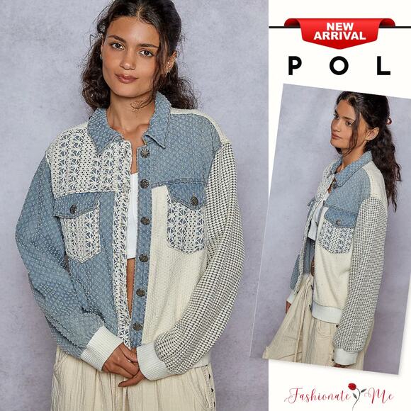 POL Long Sleeves Lace Details Button Up Chest Pockets Denim Jacket | Cerulean - Picture 1 of 4